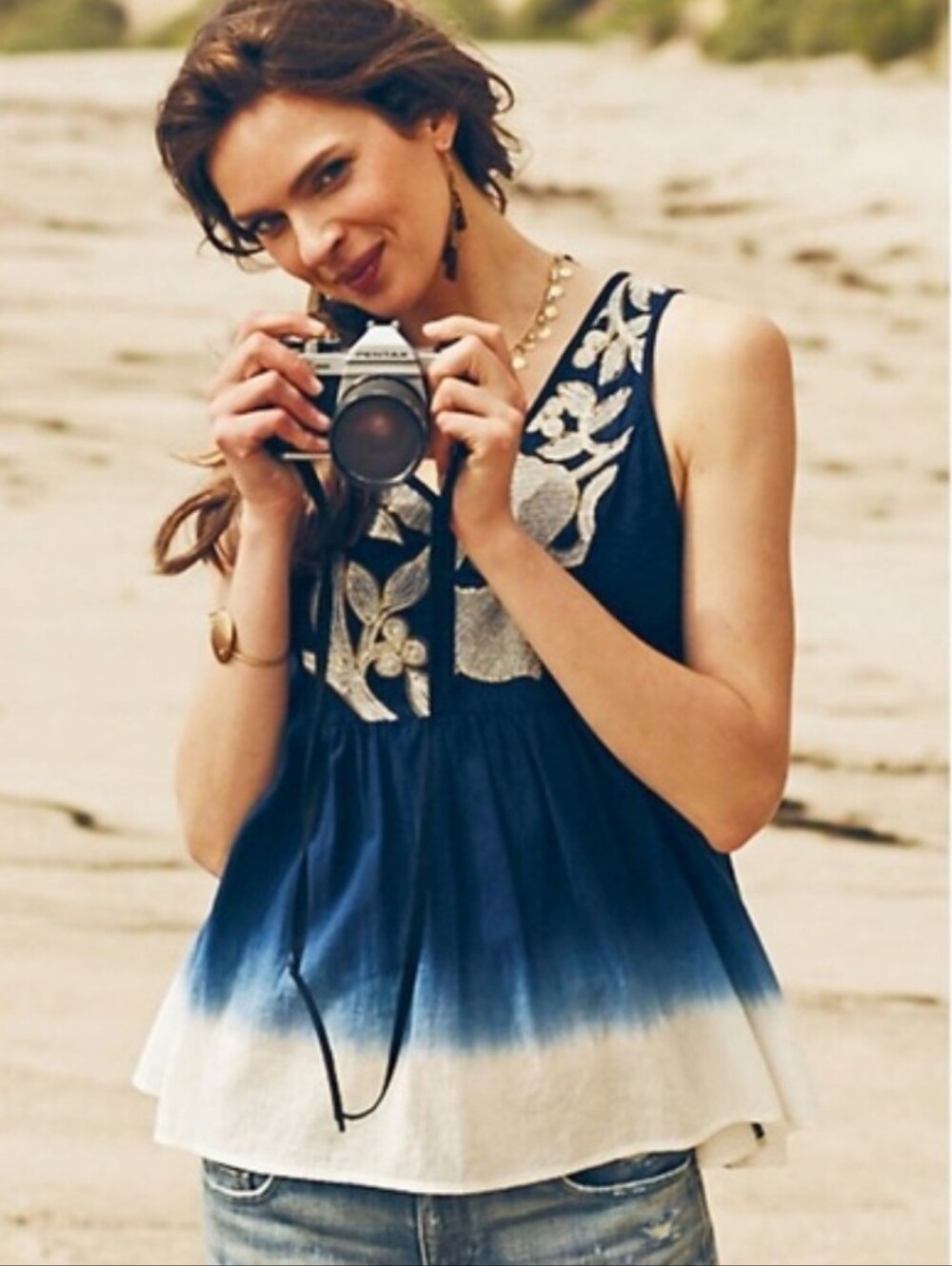 Anthropologie × Floreat Dip Dye Sleeveless Blouse Floral Embroidery Blue White S